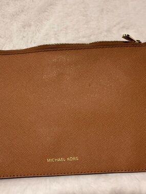 MICHAEL KORS Brown Saffiano Leather Travel Toiletry Pouch with Gold Hardware